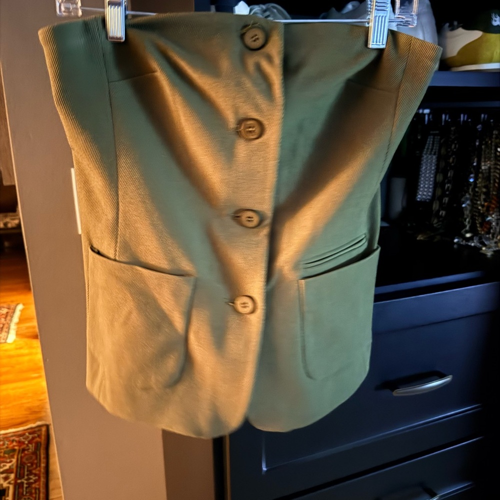 STAUD Olive Green Tailored Wide-Leg Pants & Matching Waistcoat - Picture 2 of 7